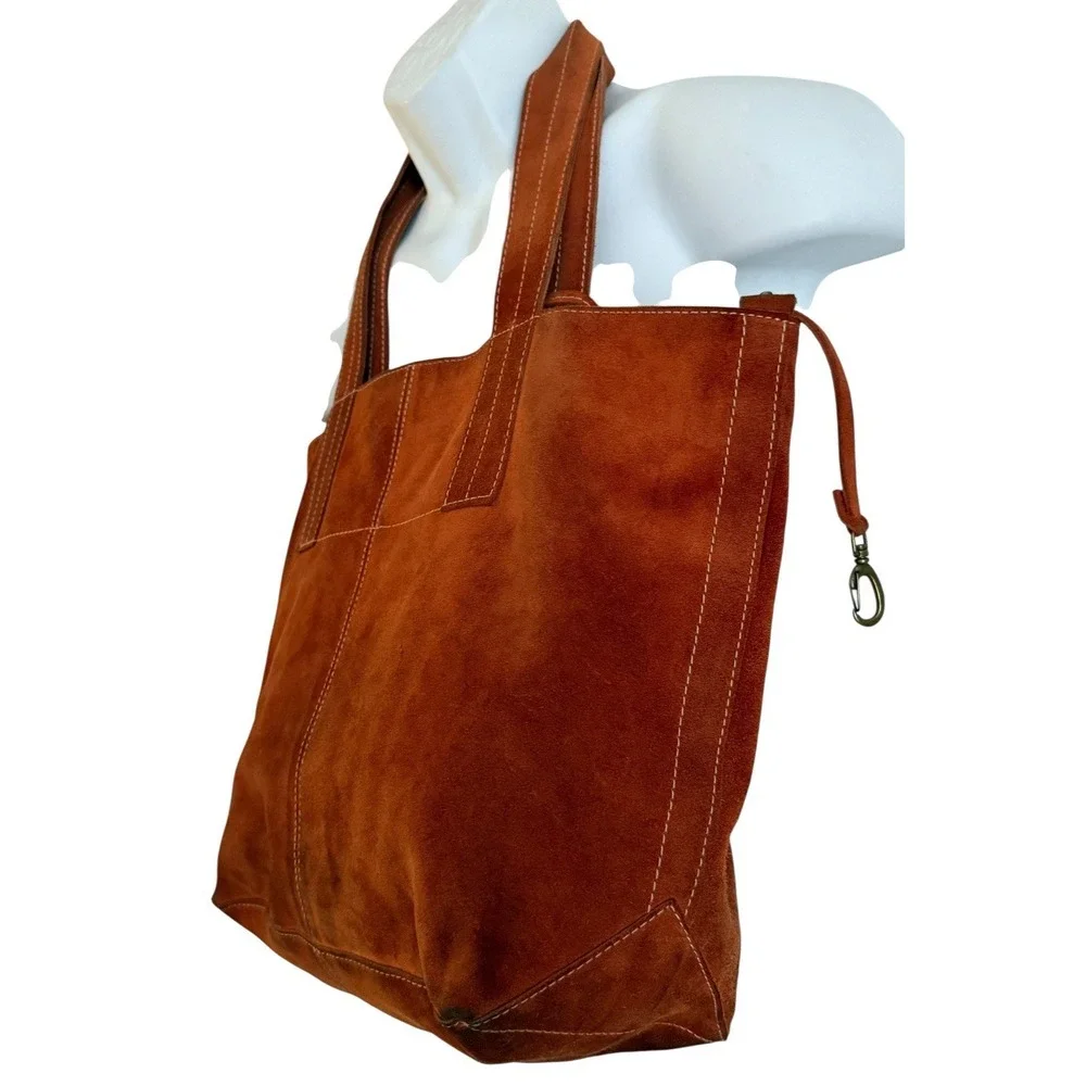Leather Suede Brown Cognac Purse‎ Bag Boho Bohemian Stitching Key Strap Lining